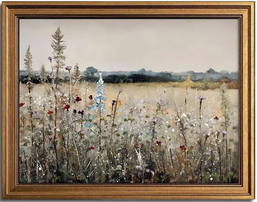 Kbkbart Gold Framed Canvas Print Wall Art, Vintage Wall Art Wildflower Field Vintage Print, Neutral Country Meadow Landscape Nat