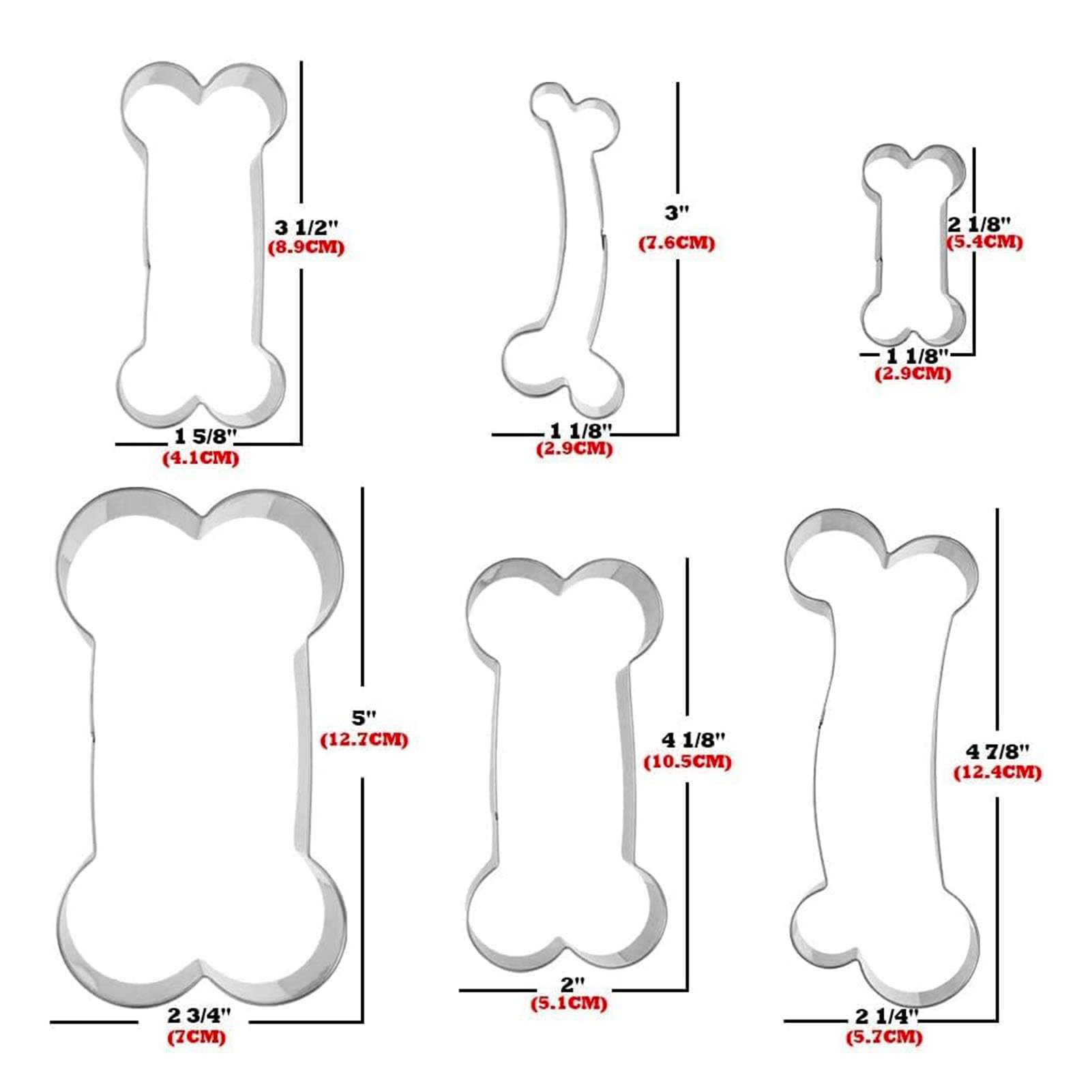 Tingsing 6 Pieces Dog Bone Cookie Cutters Set, Dog Cookie Cutter 5'', 4'', 3.5'', 2'', 4.8'', 3'' Bone Shape Cookie Cutters Stai