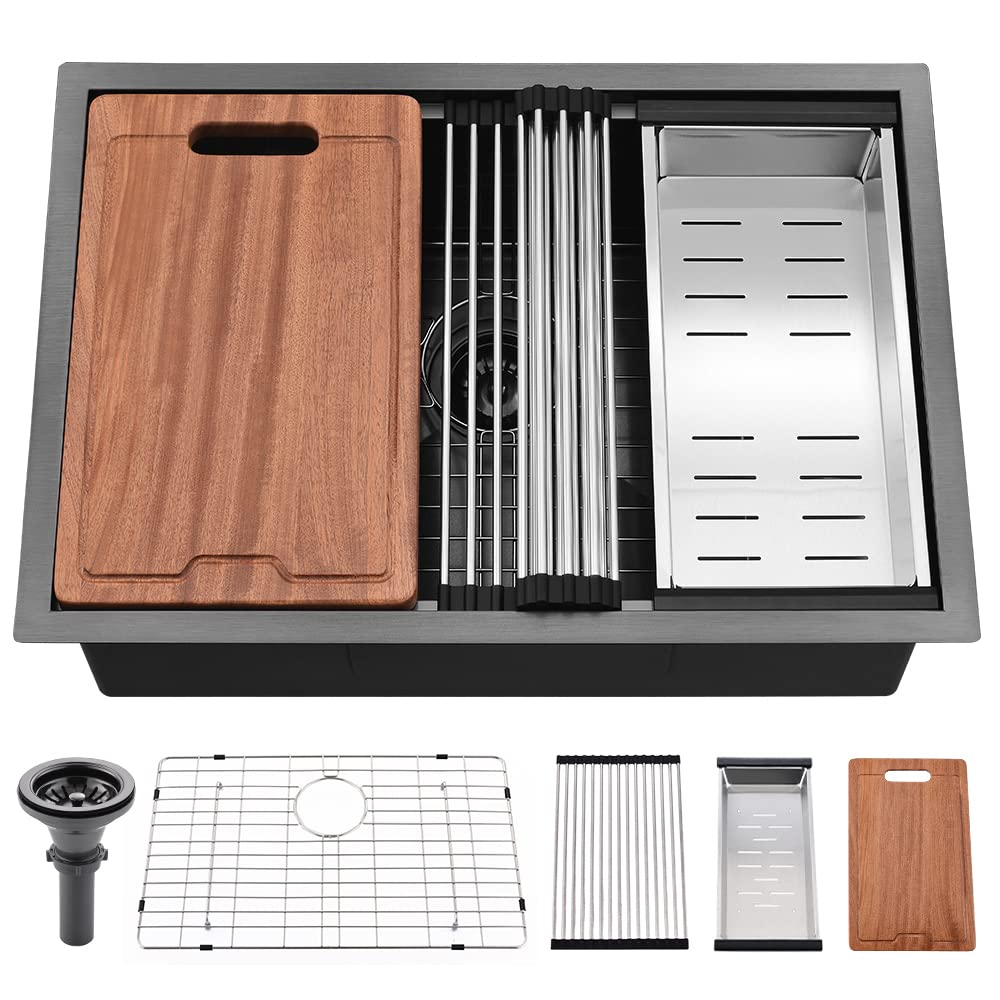 27 Inch Undermount Kitchen Sink Black-Bokaiya 27X19 Stainless Steel Undermount Kitchen Sink Black Workstation Kitchen Sink 16 Ga