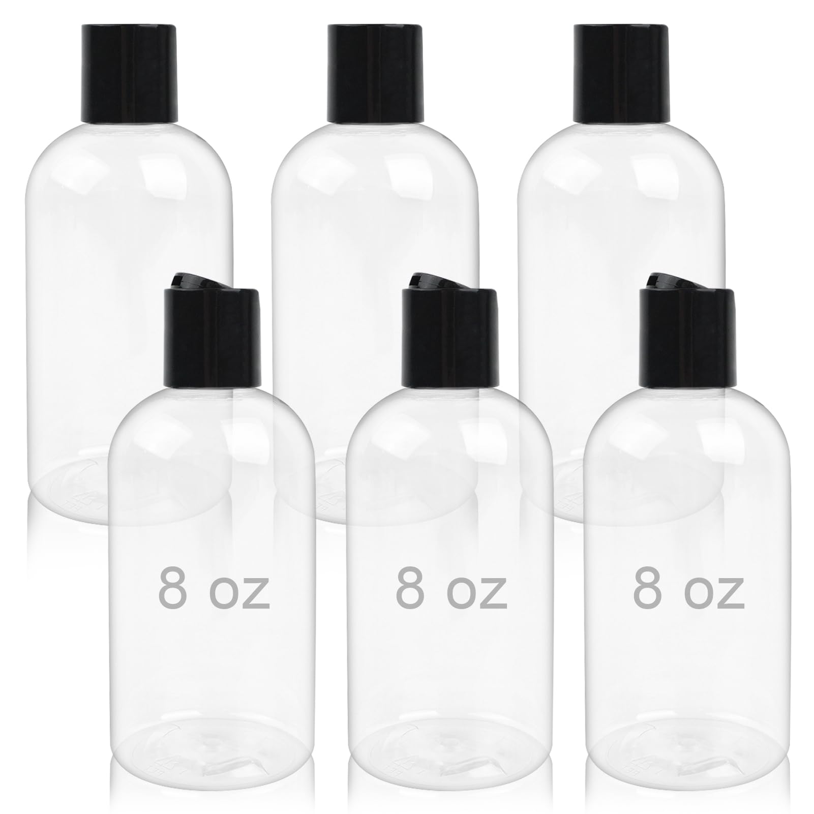 6 Pack 8 Oz Empty Plastic Bottles With Black Disc Caps Reusable Clear Leak-Proof Travel Squeeze Containers For Shampoo Condition