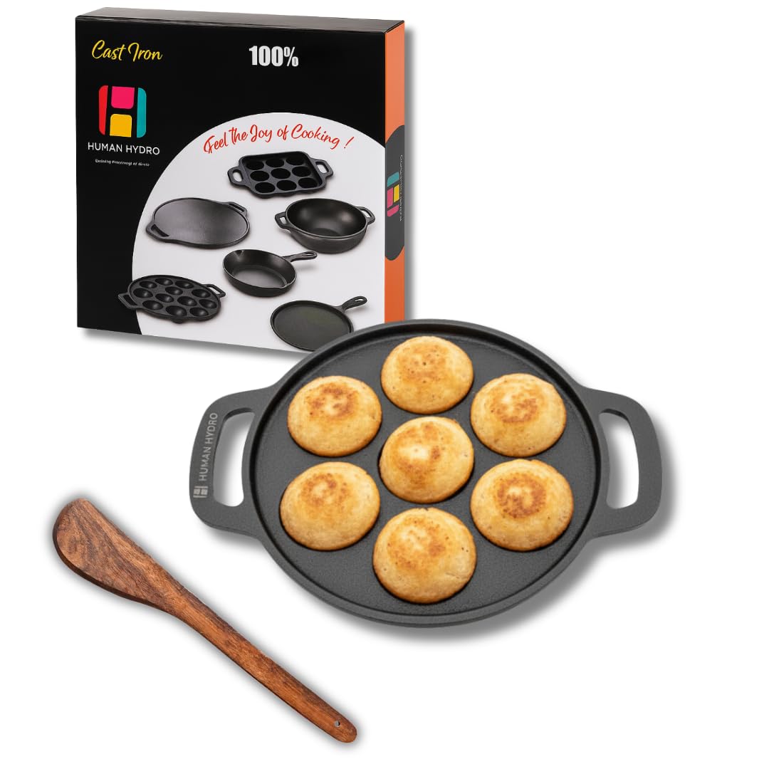 Human Hydro Pre-Seasoned Cast Iron Paniyaram Pan (7-Pit) With Wooden Spatula | Naturally Nonstick, Induction & Gas Compatible | 