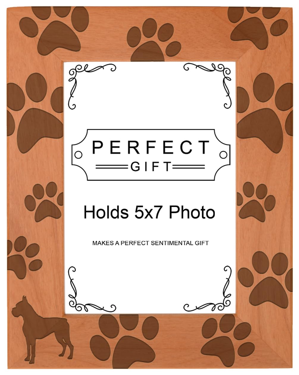 Dog Lover Gift Boxer Silhouette Paw Prints Natural Wood Engraved 5x7 Portrait Picture Frame Wood