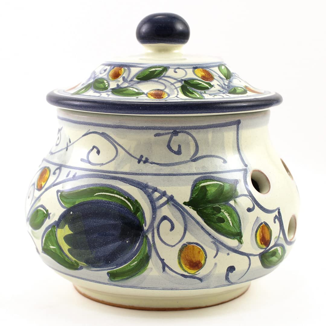 Ceramiche Rampini Hand Painted Italian Ceramic Garlic Jar - Multicolor, Handmade in Gubbio, Garlic Keeper, Made in Italy