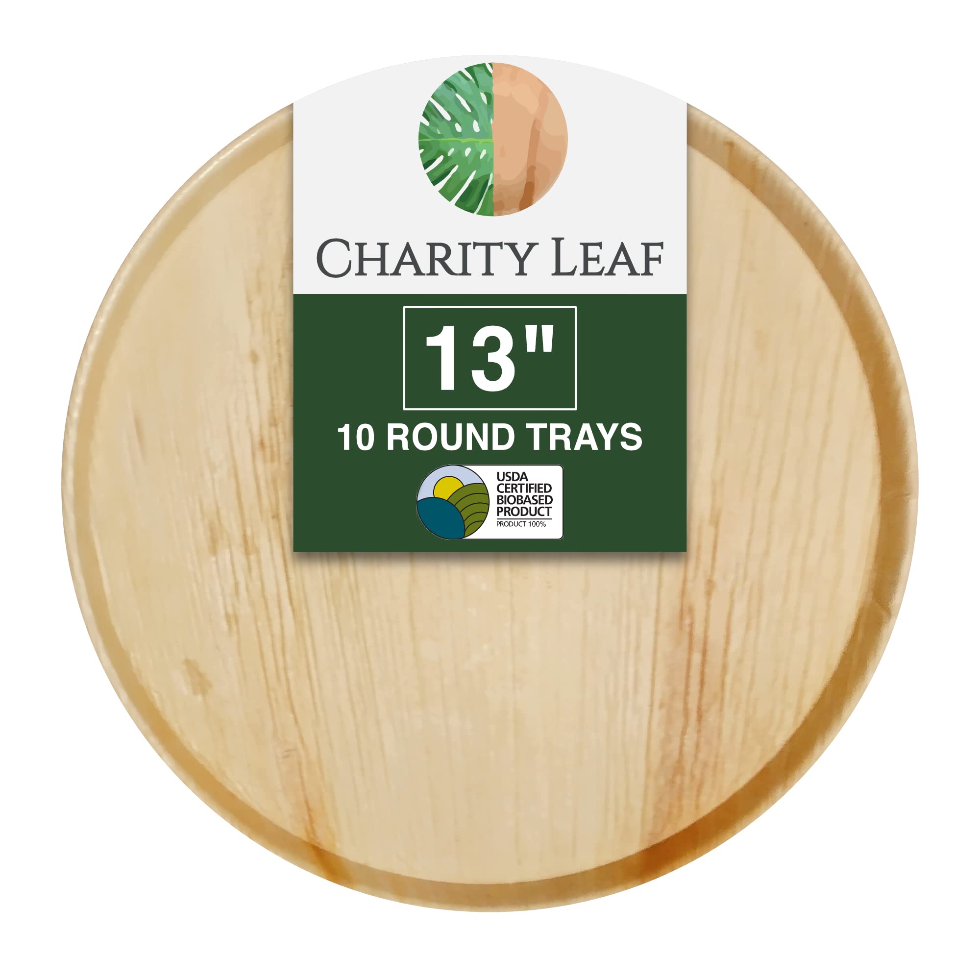 Charity Leaf Disposable Palm Leaf 13'' Round Flat Trays (10 Pieces) Bamboo Like Serving Platters, Disposable Boards, Eco-Friendl