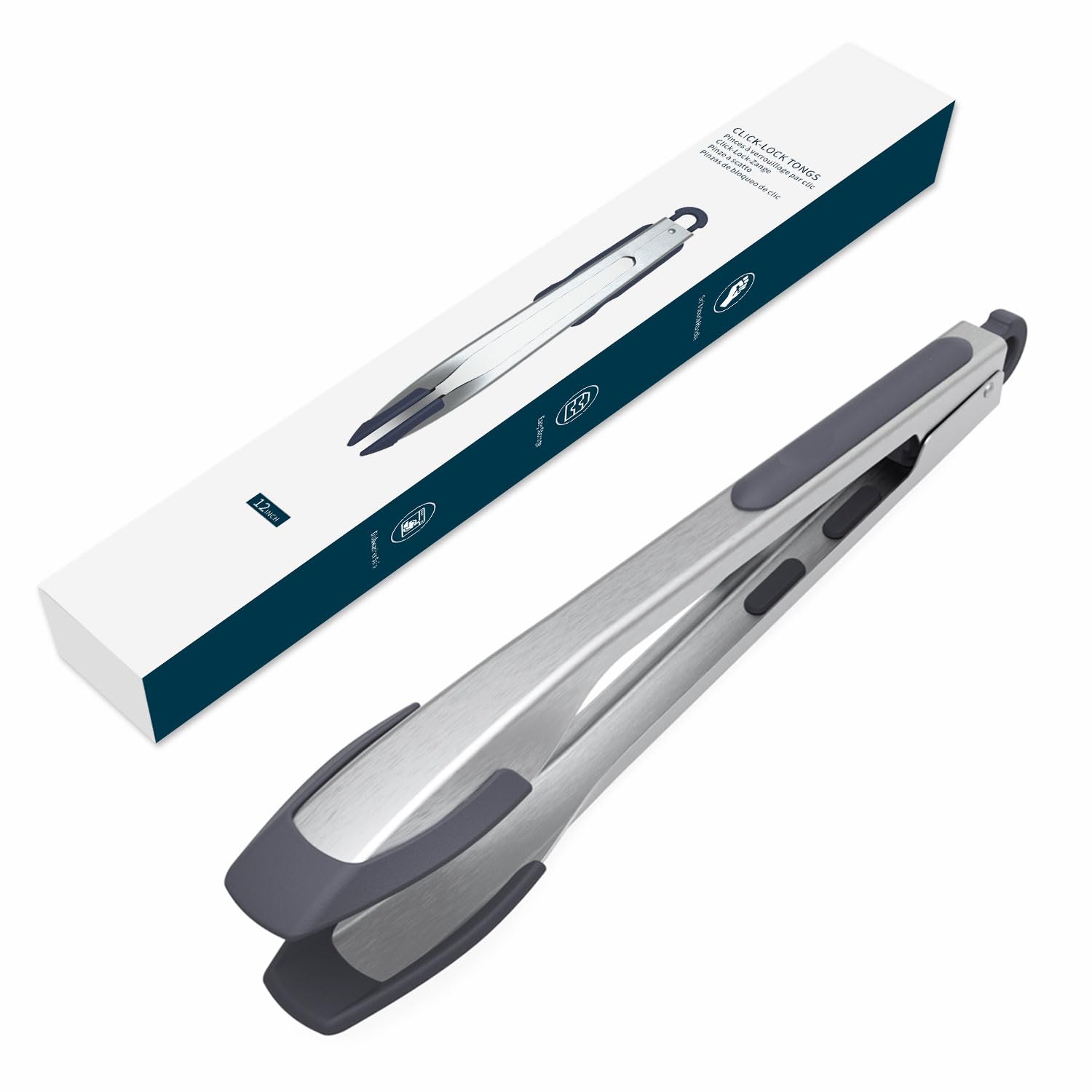 Kitchendao Tongs For Cooking With Silicone Tips 12 Inch, One-Handed For Convenience, Soft-Touch Handle, Silicone Tipped Stainles