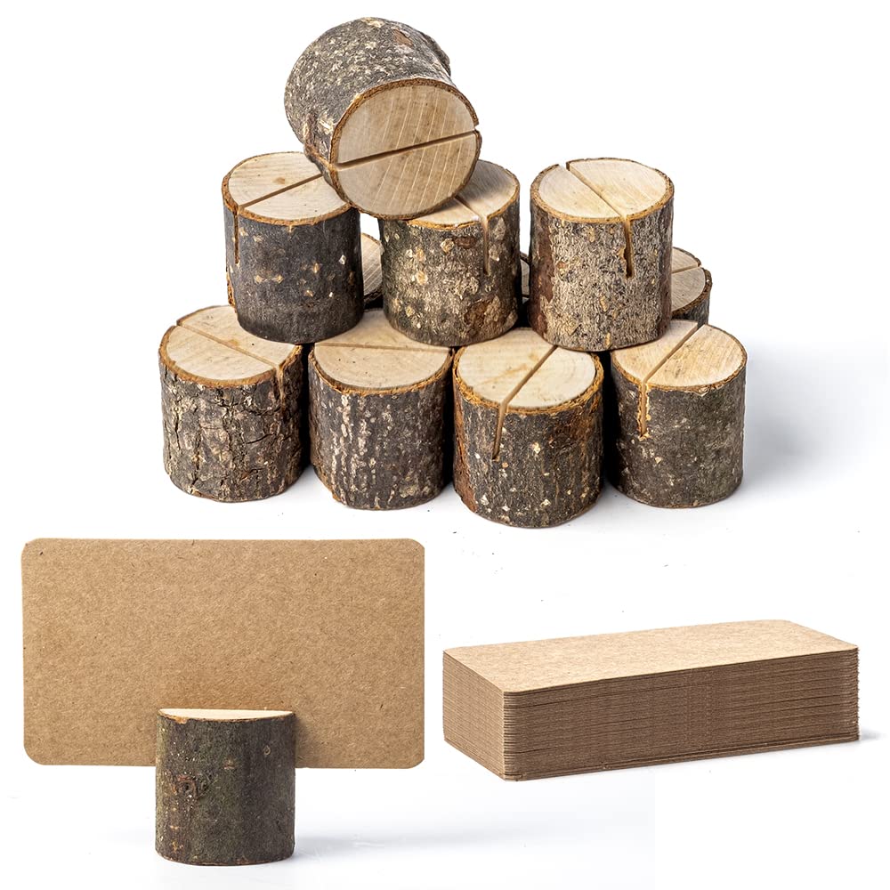 Jofefe 12Pcs Mini Premium Wood Place Card Holders And 24Pcs Kraft Table Place Cards, Rustic Mini Table Number Holders, Table Sig