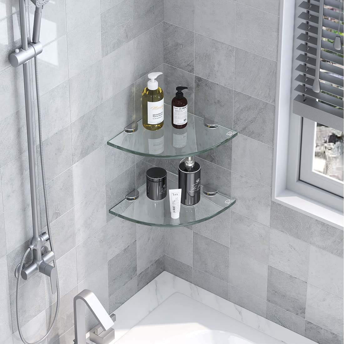 Shuaiaiw Corner Glass Shelf For Shower Caddy, Shower Organizer,Shampoo Holder No Drill Bathroom Caddy For Shower With Adhesive (