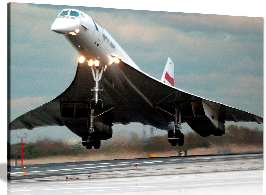 Ba Concorde Supersonic Jet Landing Canvas Wall Art Picture Print (12X8In)
