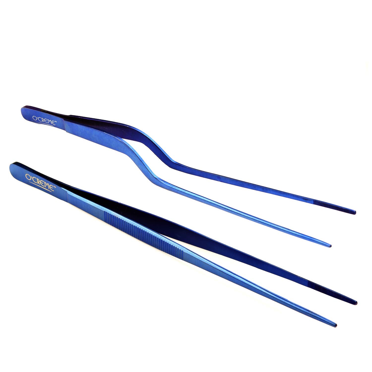 O'Creme Culinary Stainless Steel Tweezer Tongs Set Of 2 - One 10 Inch Straight And One 8 Inch Offset Blue Color