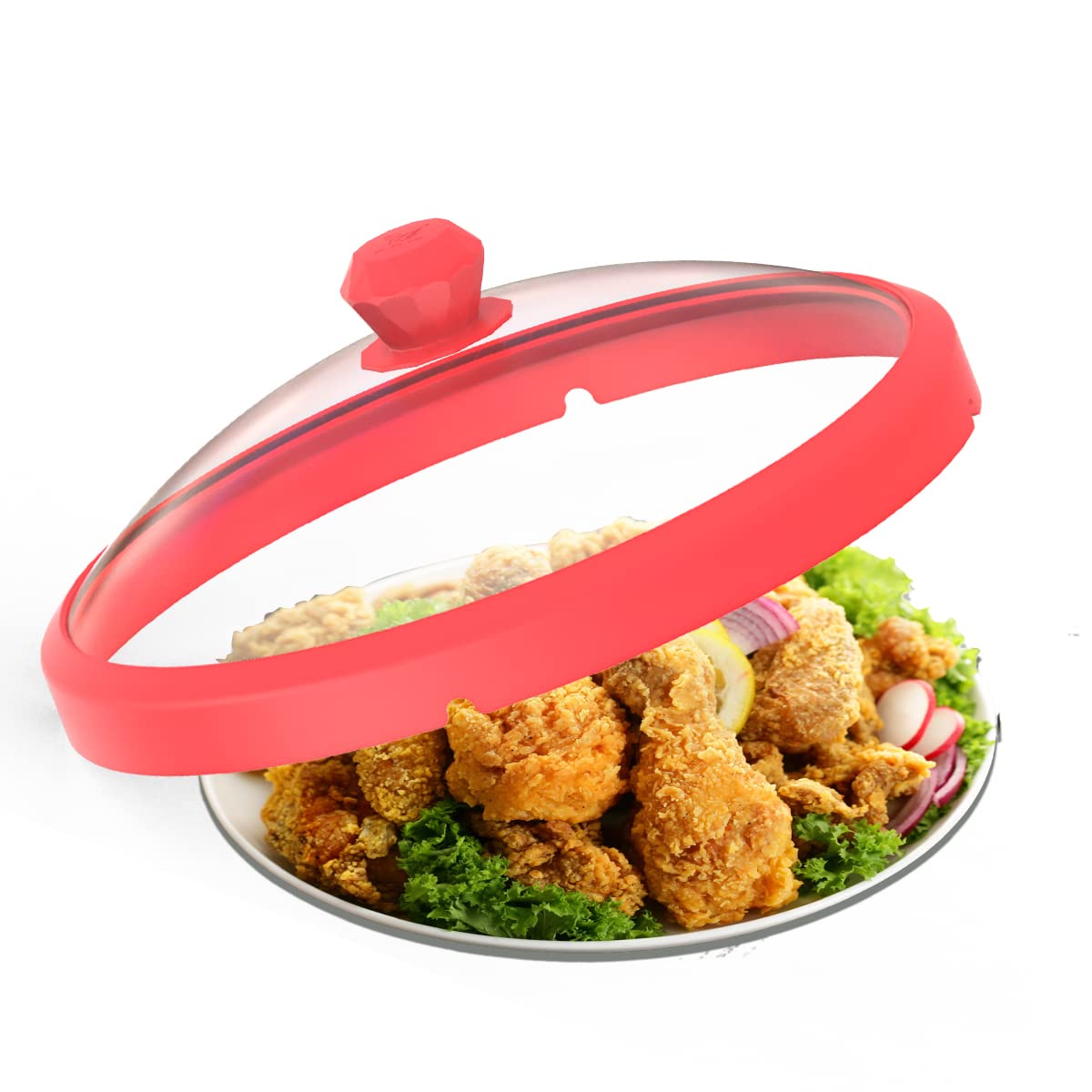 Microwave Glass Cover Splatter Guard Lid With Anti-Scald Silicone Handles And Vented Edge For Food Pot Plate Cover 10.5 Inch Red