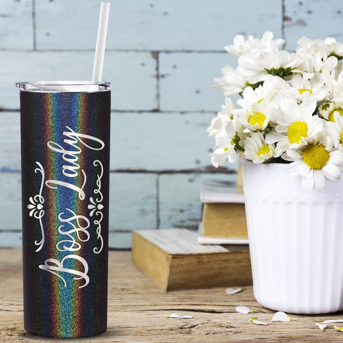 Cuptify Boss Lady Skinny Tumbler With Lid And Straw Laser Engraved On Black Glitter 20 Oz Insulated Stainless Steel Birthday Gif