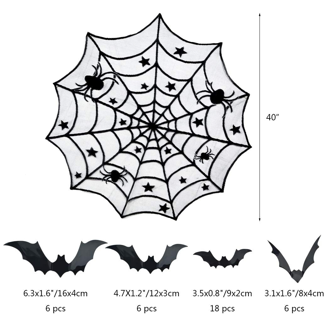 5Pack Halloween Decorations Tablecloth Runner Black Lace Round Spider Cobweb Table Cover Fireplace Mantel Scarf Spiderweb Firepl