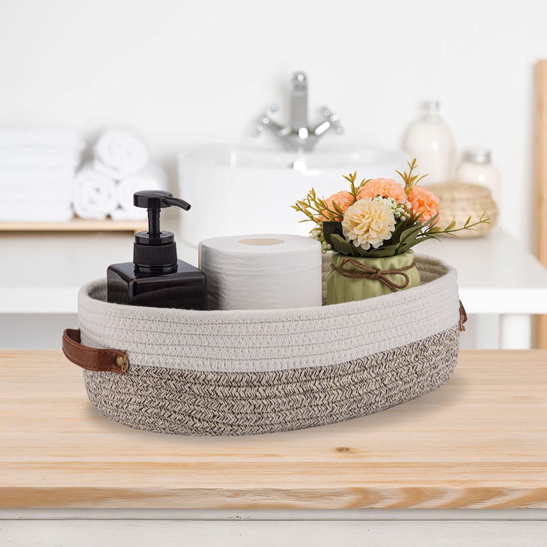 Oradrem Woven Storage Basket for Toilet Tank Top Farmhouse Home Decor Organizing Basket for Bathroom Table and Counter 13''x5.9''x4'' Apricot Stitching White