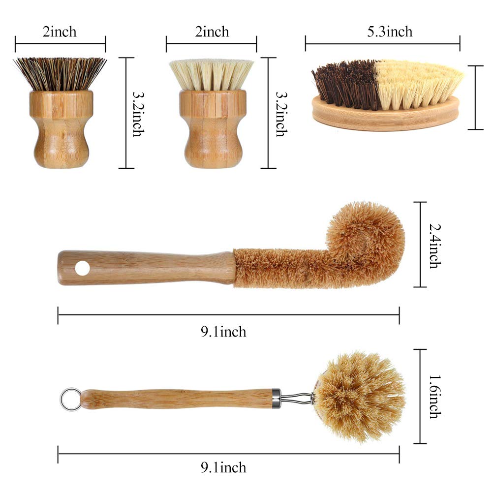 Vankcp 5 Pack Natural Bamboo Cleaning Brush Set, Pot Dish Scrub Brush With Handle And Flannel Bag Kitchen Brushes For Cast Iron