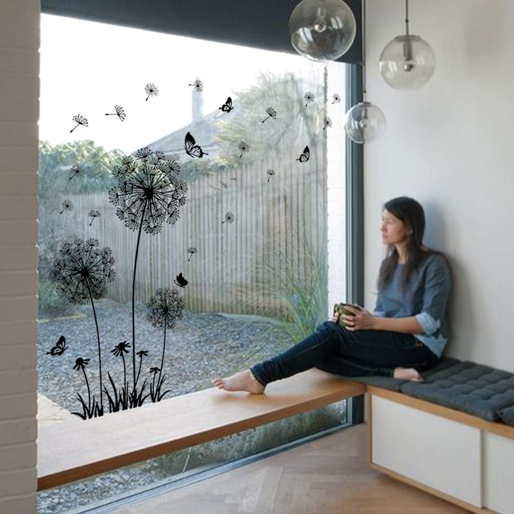 Decalmile Dandelion Wall Decals Flying Flowers Butterflies Wall Stickers Dandelion Wall Art Living Room Bedroom Decor (Black)