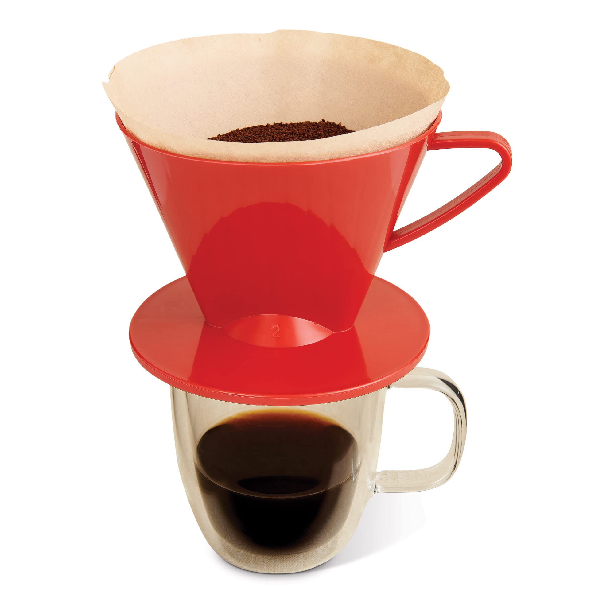 Fino Pour-Over Coffee Brewing Filter Cone, Number 2-Size, Red, Brews 2 To 6-Cups, Set Of 2