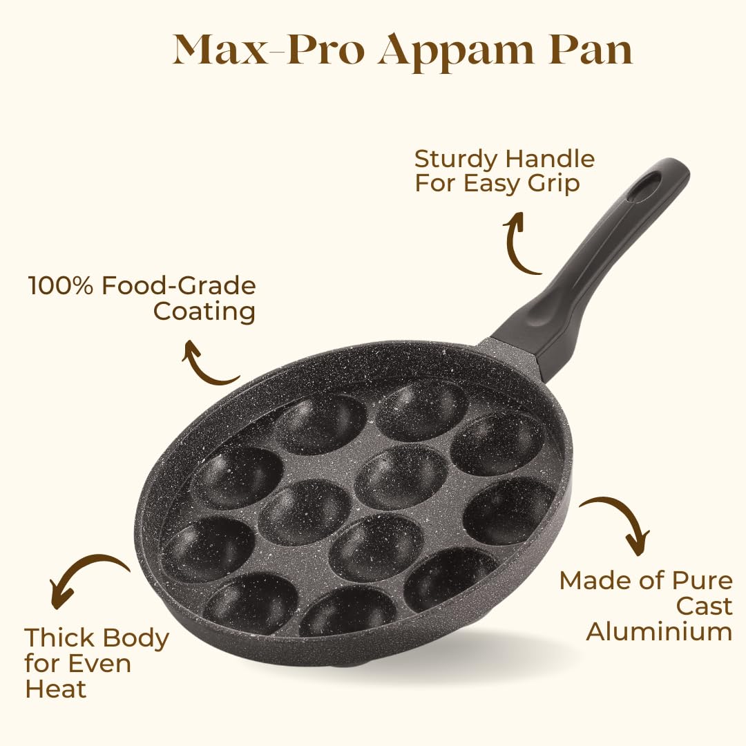 ivbox MAX-PRO Appam Pan Heavy-Weight Non-Stick appe Paniyarakkal Maker with Glass Lid, Cast Aluminium, Silver Grey