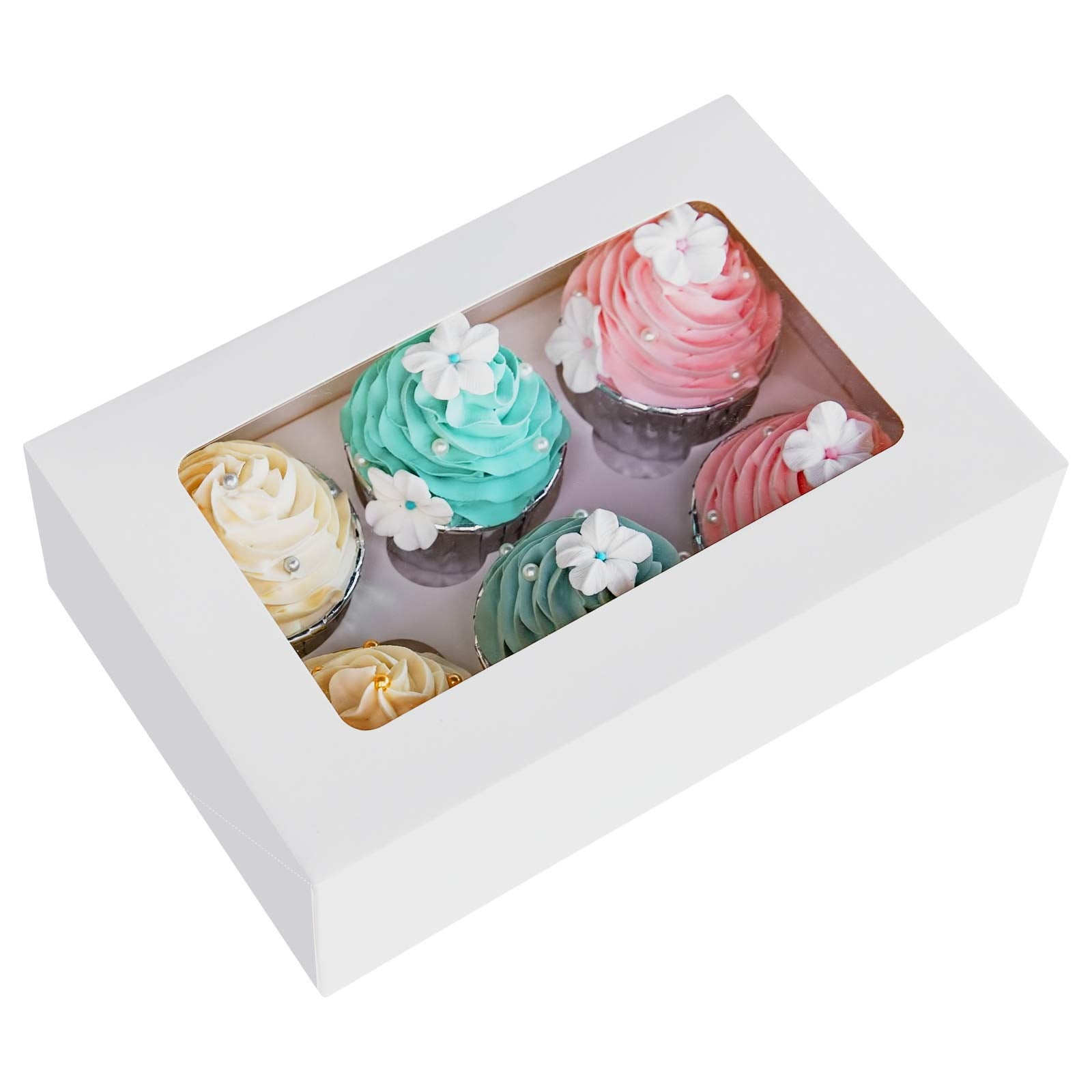 One More Cupcake Boxes With Inserts 6 Holders,9.5X6.3X3Inch Large White Standard Bakery Boxes With Window Food Grade Cake Carrie