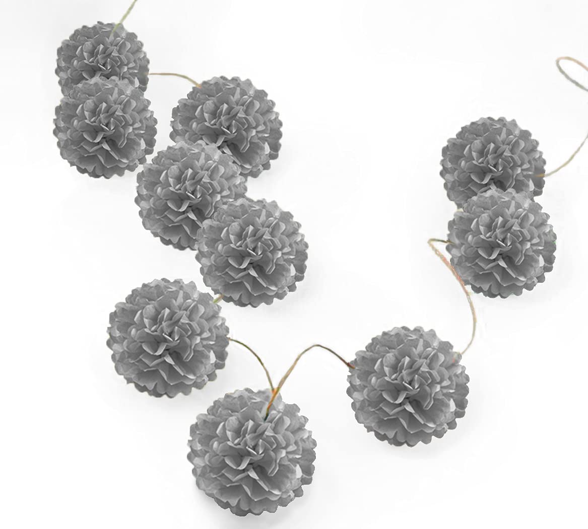 Pack Of 10 Tissue Paper Flower Ball Pom Pom Party Decoration Indoor Outdoor 6'' 8'' 10'' 12'' 14'' (Grey, 6'')