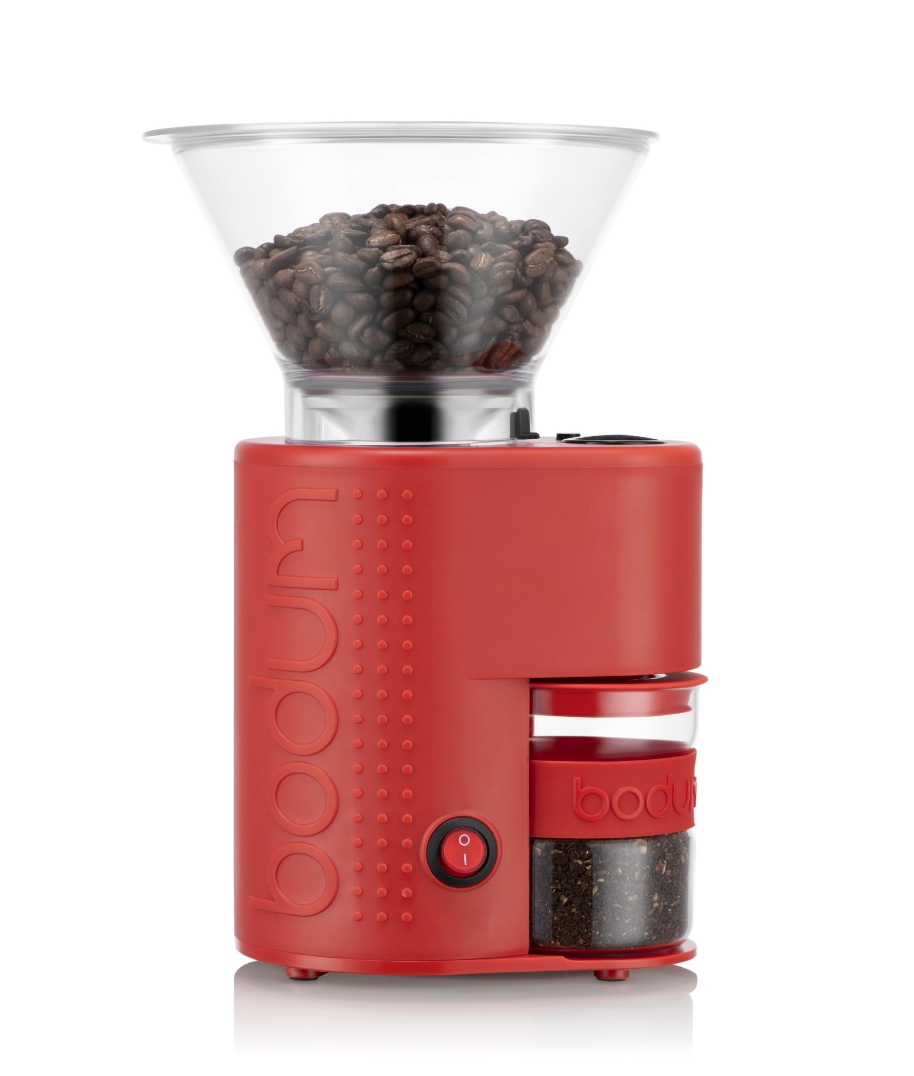 Bodum Bistro Electric Conical Burr Coffee Grinder, Preset Timer, 12 Grind Settings, Red