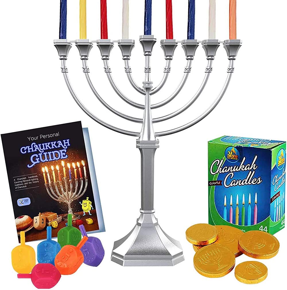 Complete Hanukkah Menorah Kit Traditional Grace Menorah - Satin Silver, 44 Hanukkah Candles, 4 Dreidels, Chanukah Guide, Sack of