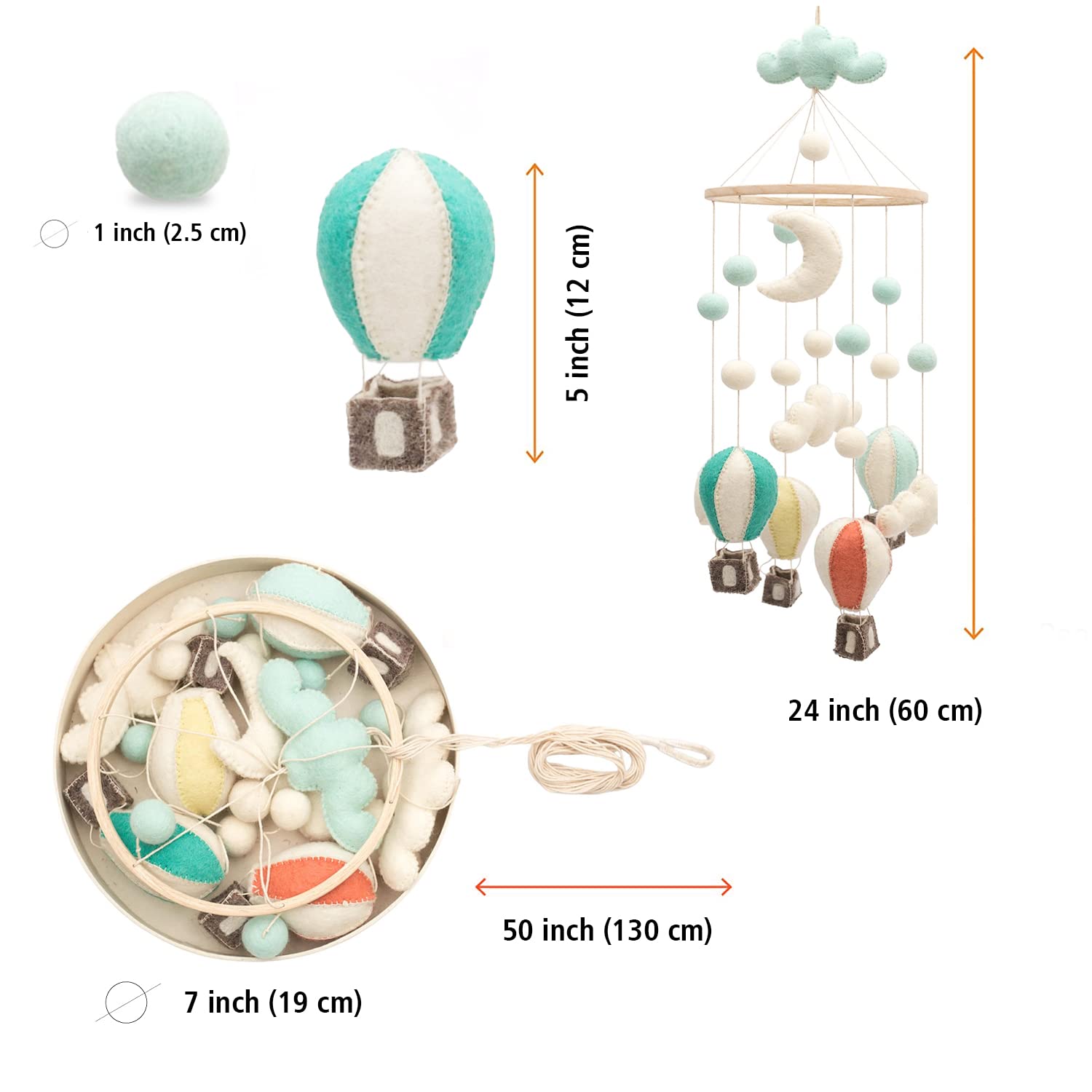 GLACIART ONE Baby Nursery Hot Air Balloon Mobile for Crib | Gender Neutral Felt Mobile With Hanging Clouds & Balls | Room Decora