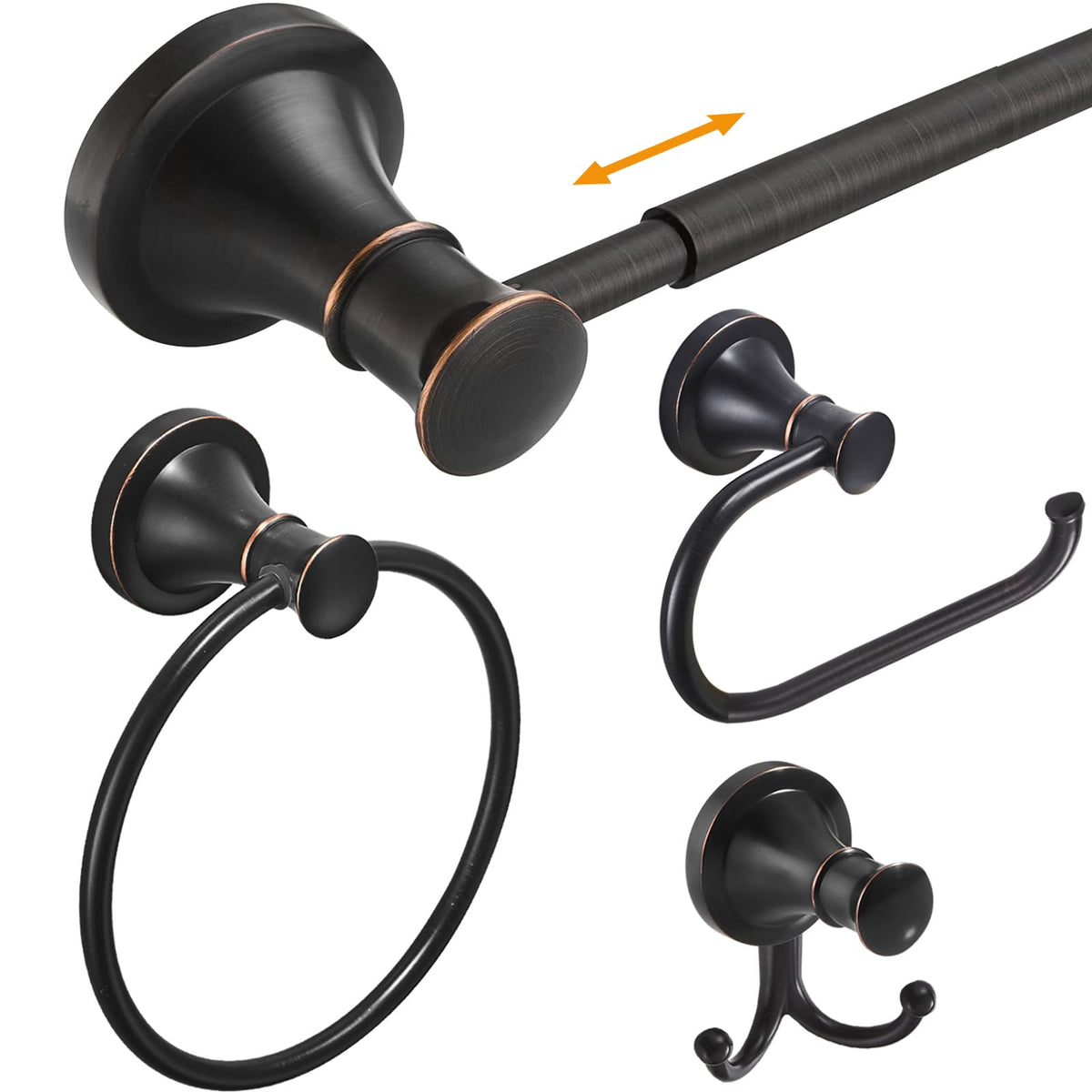 Hoimpro Oil Rubbed Bronze 4-Piece Bathroom Bath Set, Wall Mount Bathroom Hardware Fixture (Adjustable Towel Bar Rack, Towel Ring