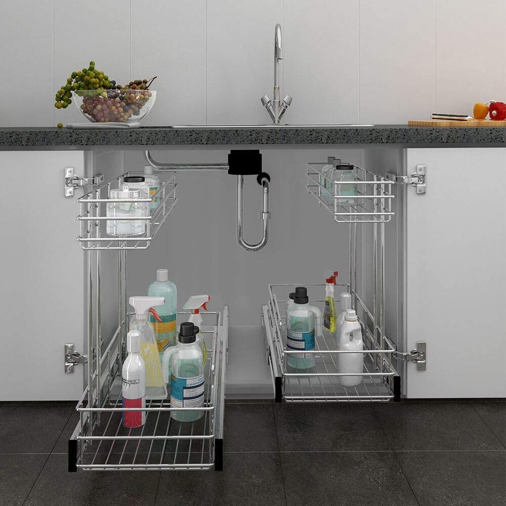Under Sink Organizer 9''W X18.5''D,Pull Out Cabinet Organizer 2 Tier,Under Sink Slide Out Organizer Chrome Plated, Under Kitchen
