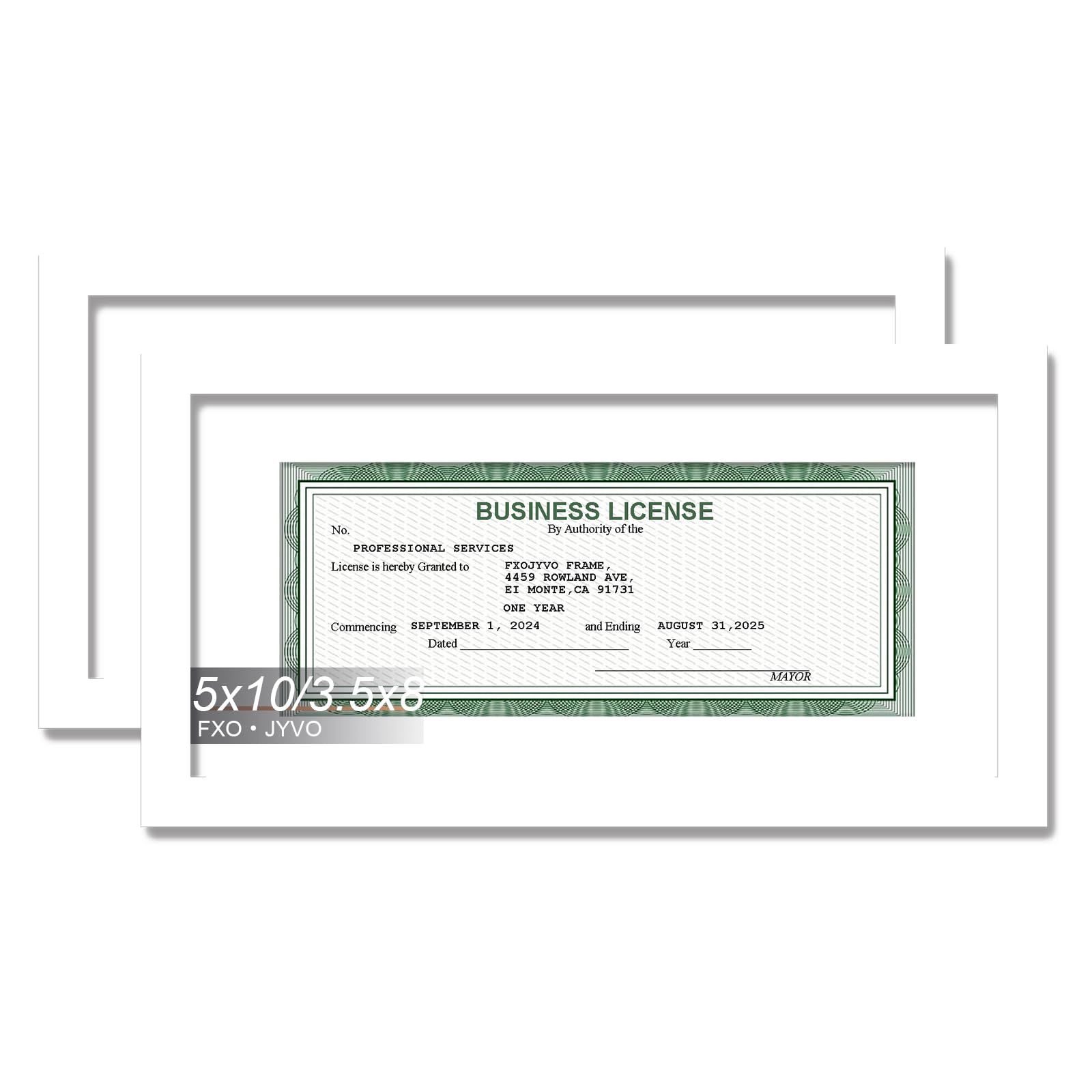 Fxojyvo White 5x10 Frame Set of 2, Display Business License 3.5 x 8 with Mat or Picture 5x10 Without Mat Desktop or Wall for Lic