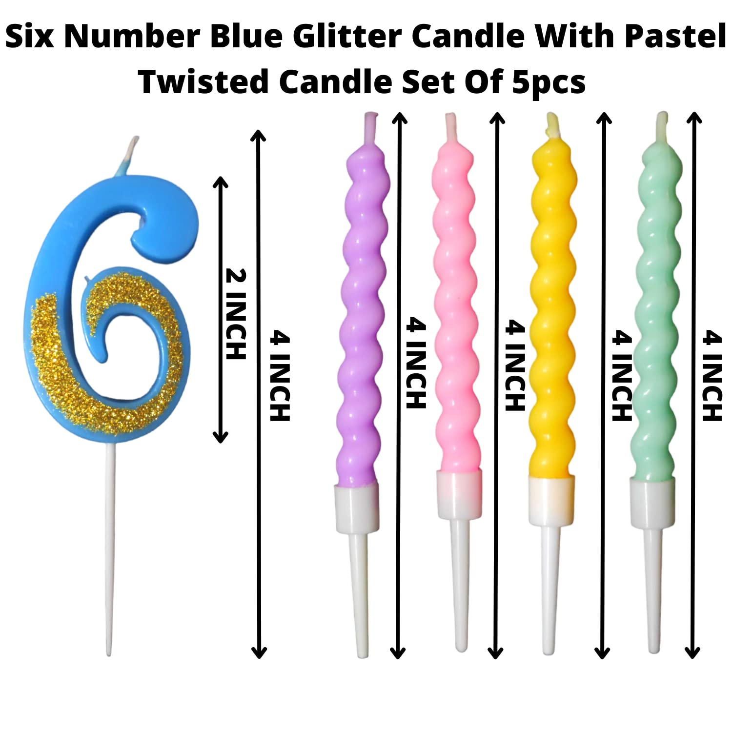 Party Decorz Number 6 Candle | Six Number Candle | Six Number Blue Glitter Candle with Pastel Twisted Candle Set of 5pcs for Bir