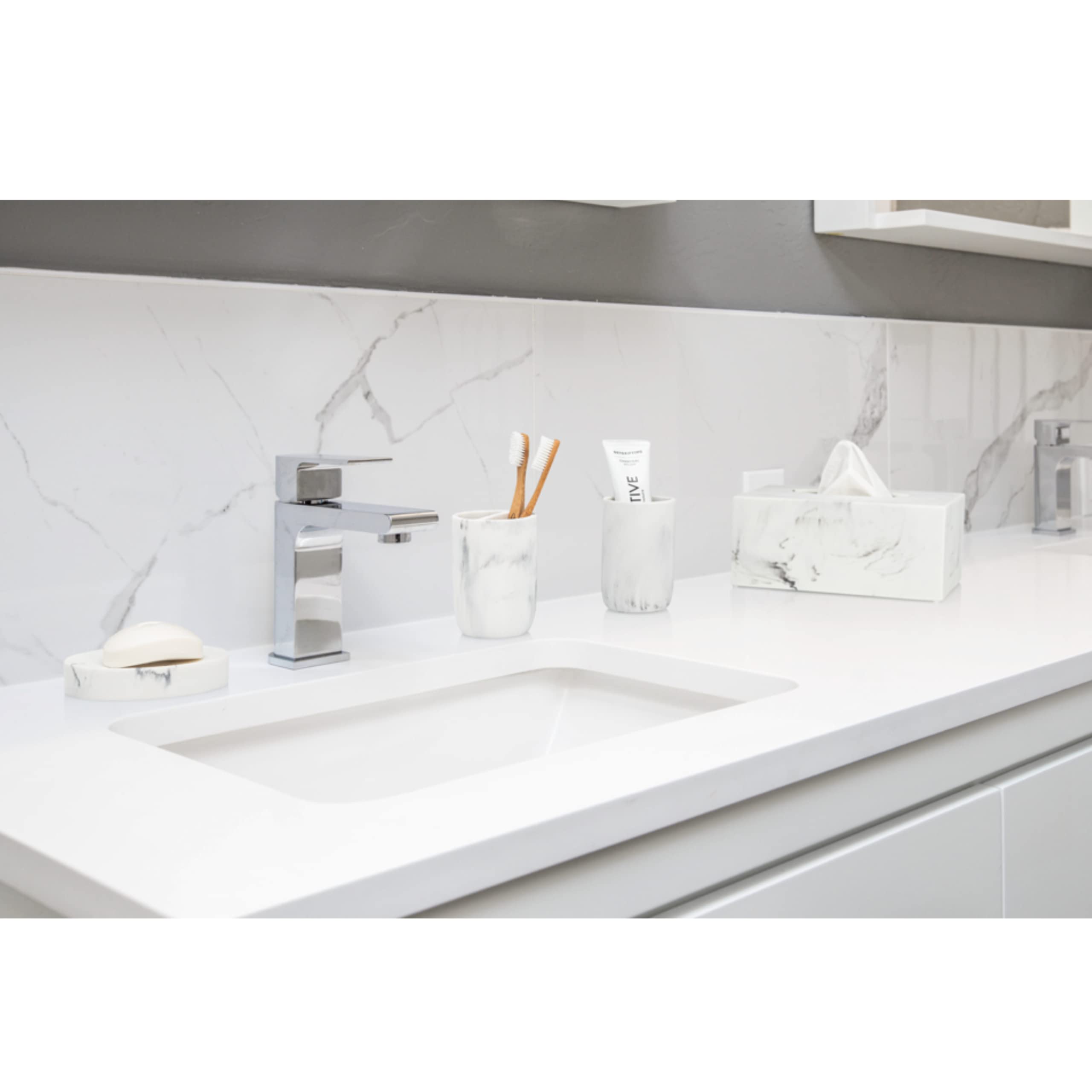 Essentra Home White Marble Toothbrush Holder | Small Toothbrush & Toothpaste Organizer | Blanc Collection