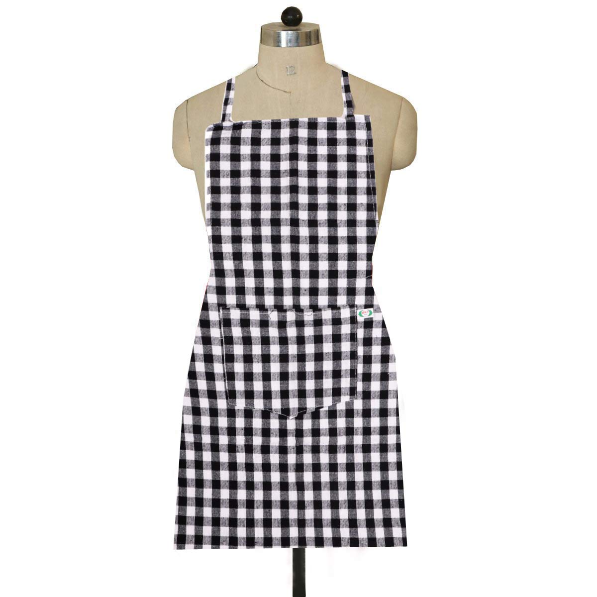 Heart Home Checkered Design Cotton Kitchen Apron With Front Pocket (Black & White) Cthh04390