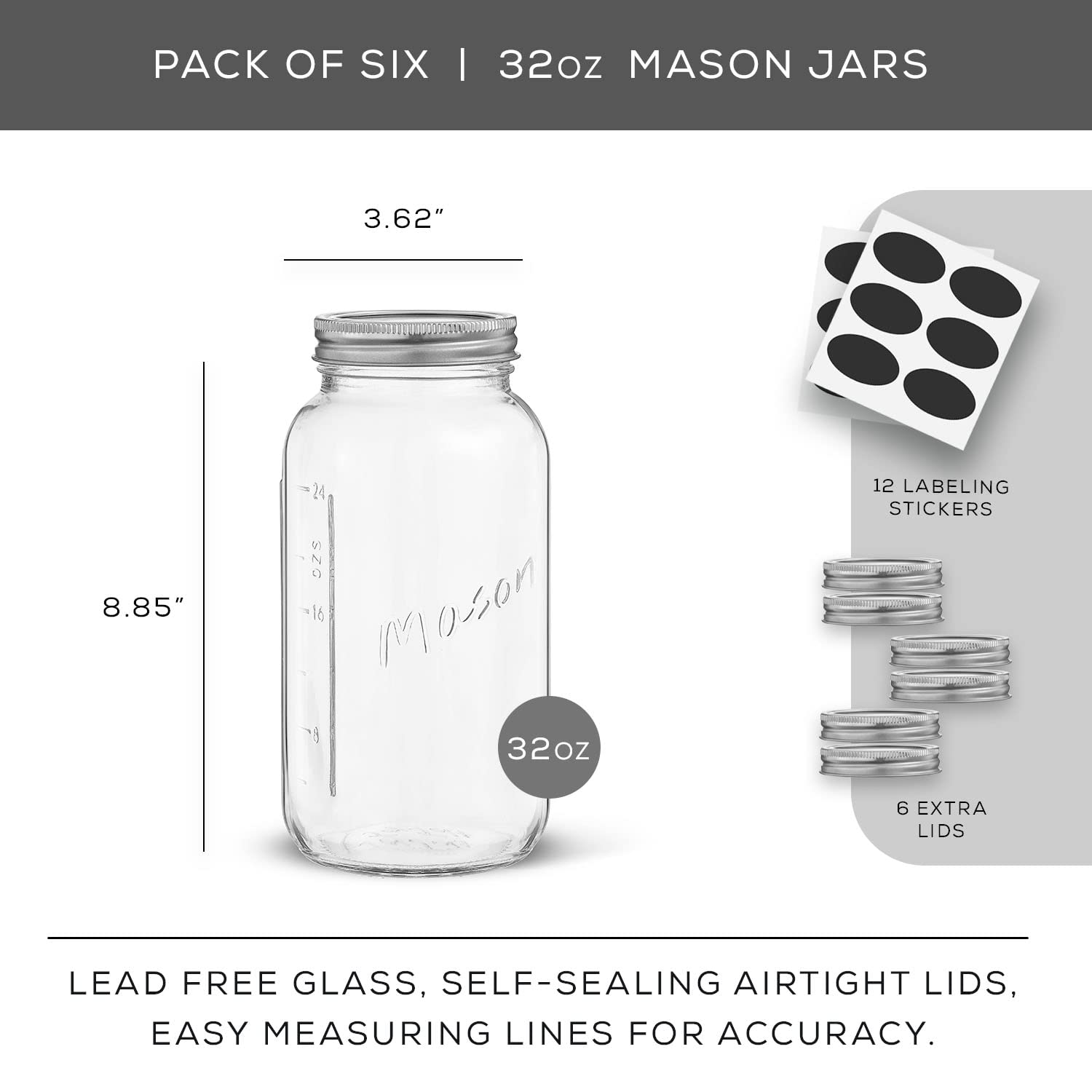 32 Oz Mason Jars With Lids, Labels And Measures! 6-Pack Regular Mouth Mason Jars, Glass Jar With Lid And Band. Airtight Canning