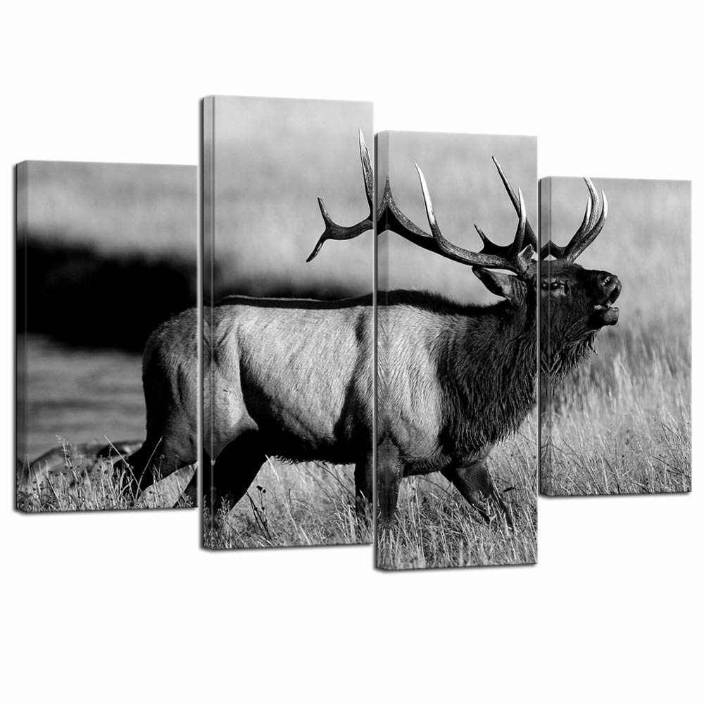 Levvarts - 4 Piece Animal Picture Black And White Bull Elk Canvas Wall Art Painting For Living Room Home Office Decor Modern Wil