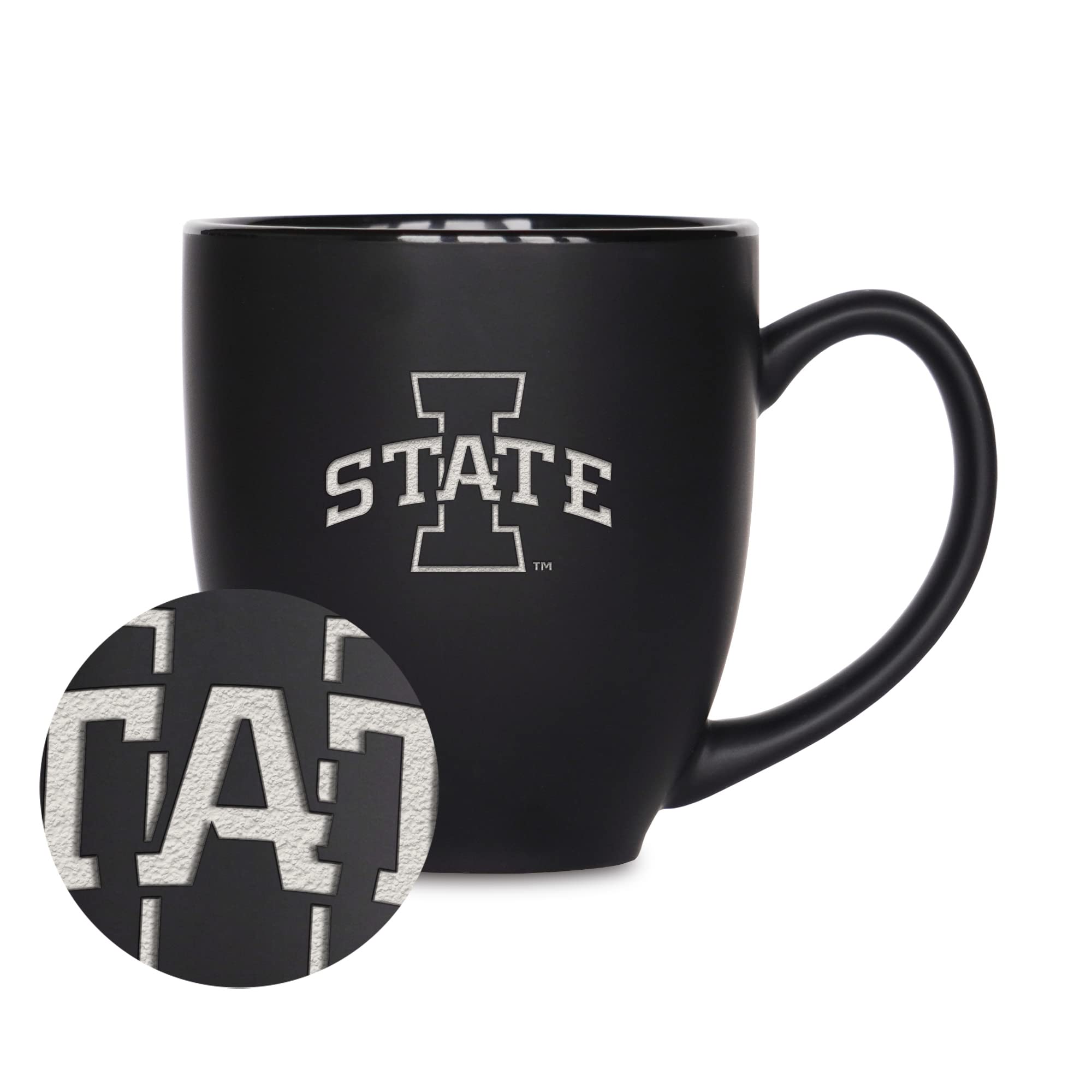 Rico Industries NCAA Iowa State Cyclones Main 15oz Laser Engraved Matte Black Ceramic Bistro Mug - For Hot or Cold Drinks
