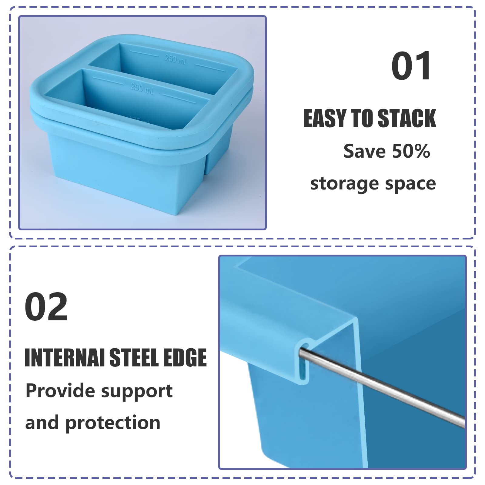 Kinggrand Kitchen 1-Cup Silicone Freezer Tray With Lid 2 Pack Soup Freezer Molds Food Freezing Container Make 4 Perfect Soups, B