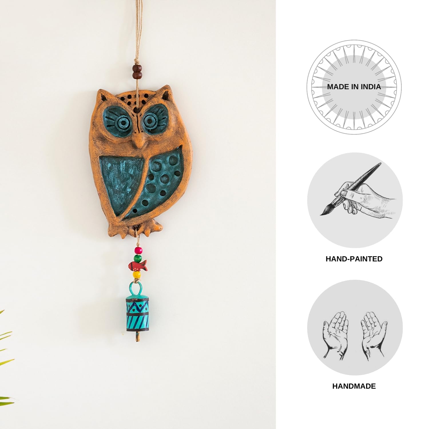 Exclusivelane Wide-Eyed Owl Handmade Terracotta Wall Hanging For Home Decoration (12.6 Inch) | Handpainted Wall Decoration Ite