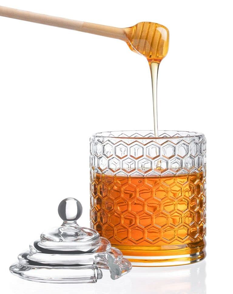 Royalty Art Glass Honey Pot With Beehive Lid And Wooden Dipper, 3 Pc. Set, Decorative Kitchen Accessory And Dispenser, Honeycomb