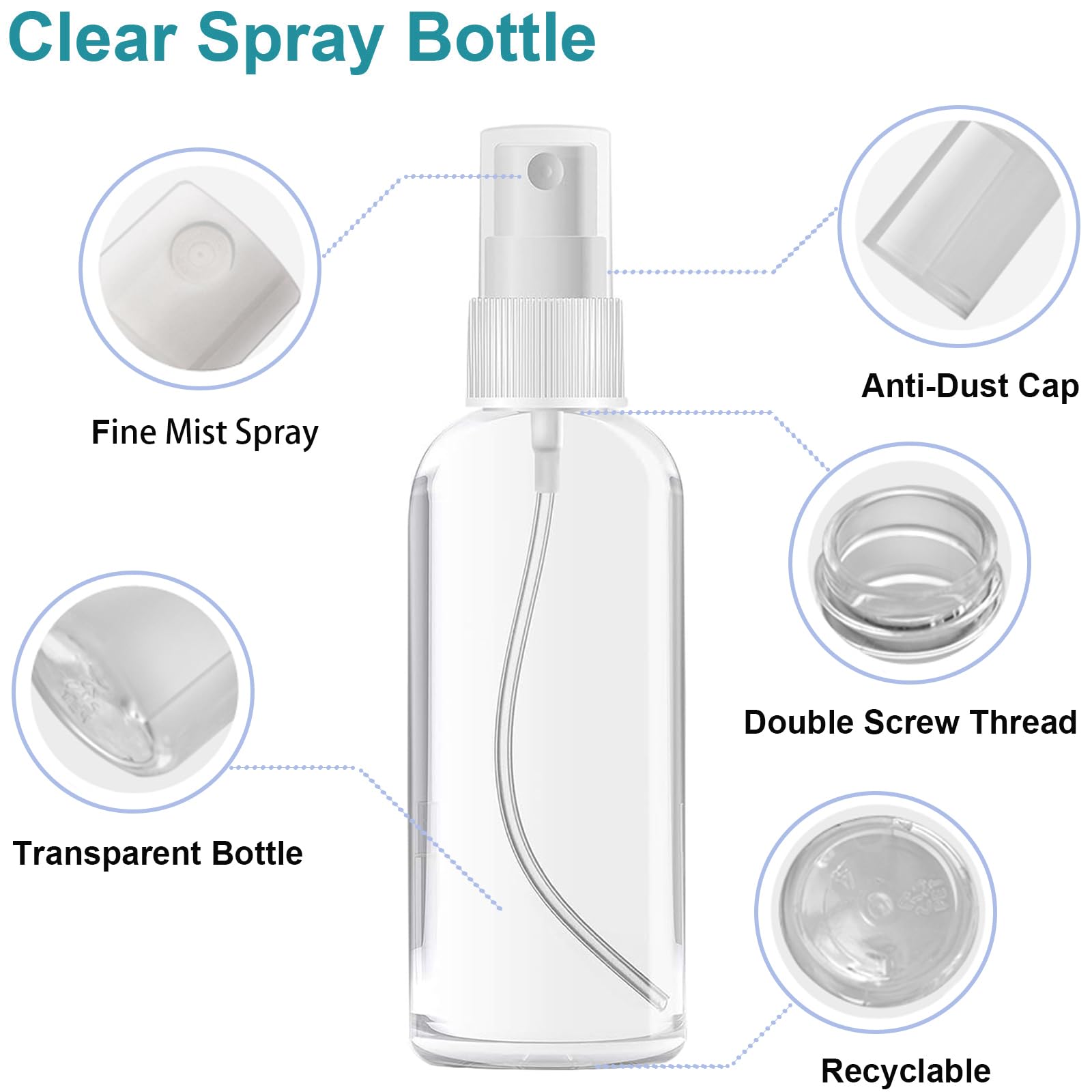 Dhrbsx Spray Bottles Small, 2Oz/50Ml Clear Empty Fine Mist Plastic Mini Travel Continuous Bottle Set, Small Refillable Liquid Co
