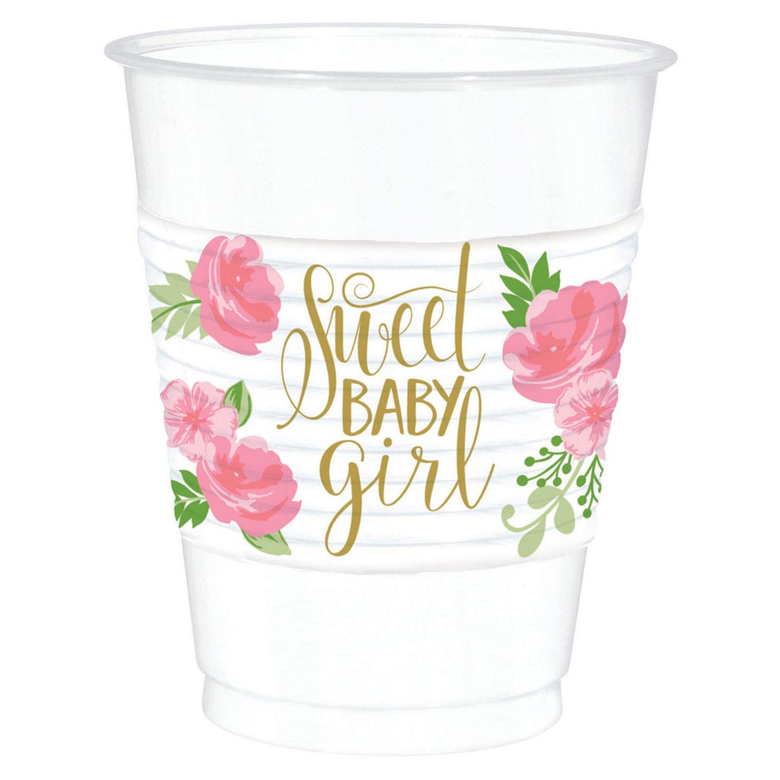 Amscan Elegant Floral White Plastic Cups (16 Oz) - Pack Of 25 - Perfect For Showers & Parties