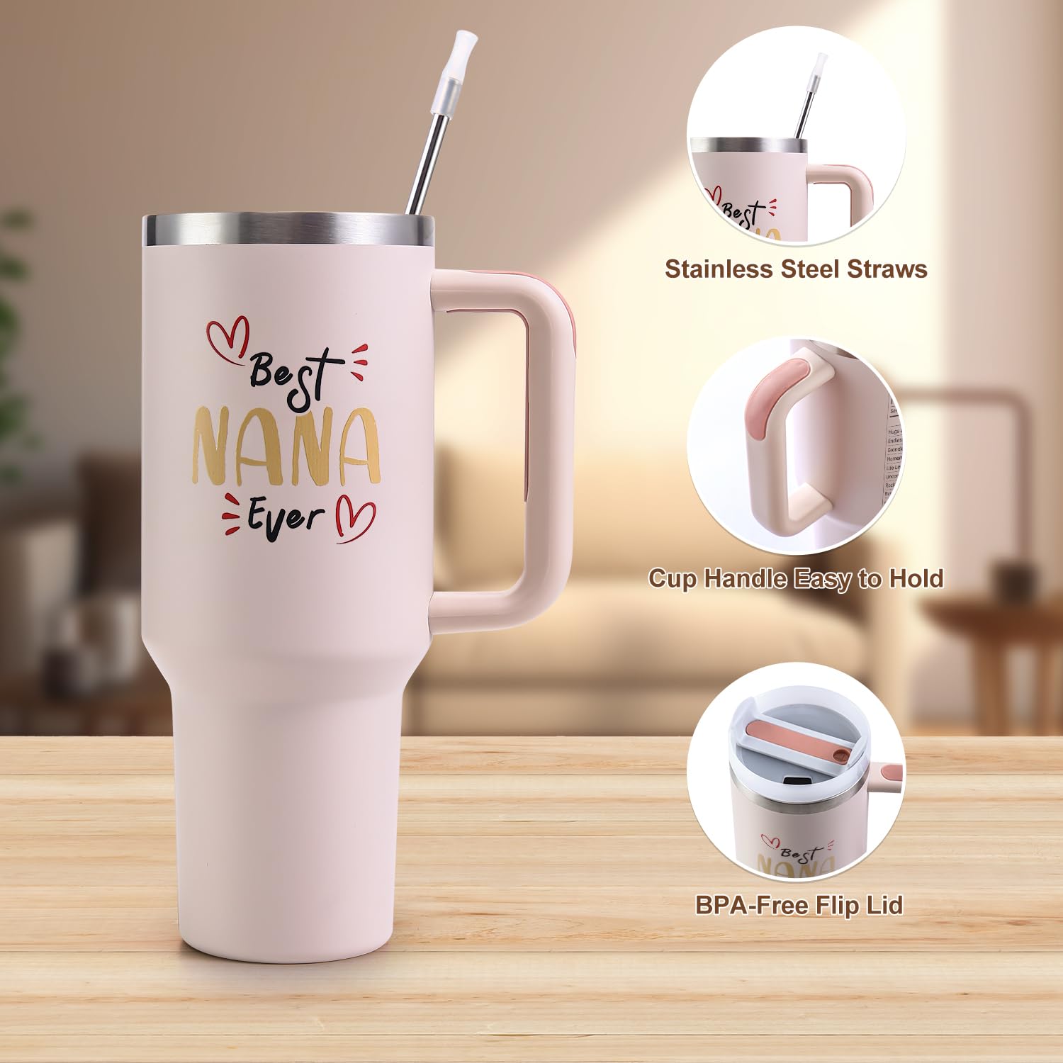 VoziSpace Best Nana Ever Tumbler with Handle 40oz Nana Gifts - Birthday Gifts for Grandma, Grandma Coffee Mug from Grandkids - W