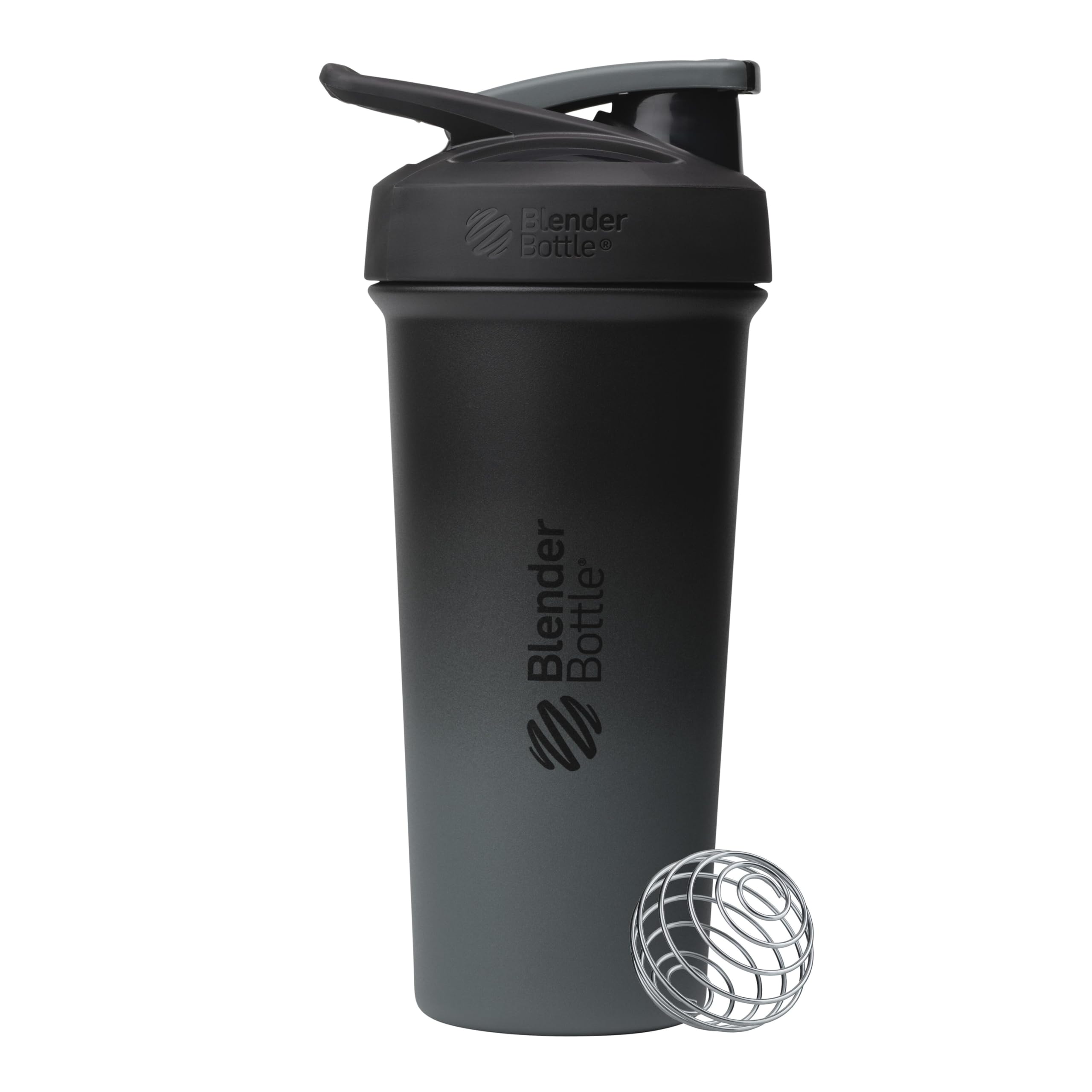 BlenderBottle Sport Sleek Shaker Cup Insulated Stainless Steel Water Bottle with Wire Whisk, 25-Ounce, Smokestack (Black/Grey)