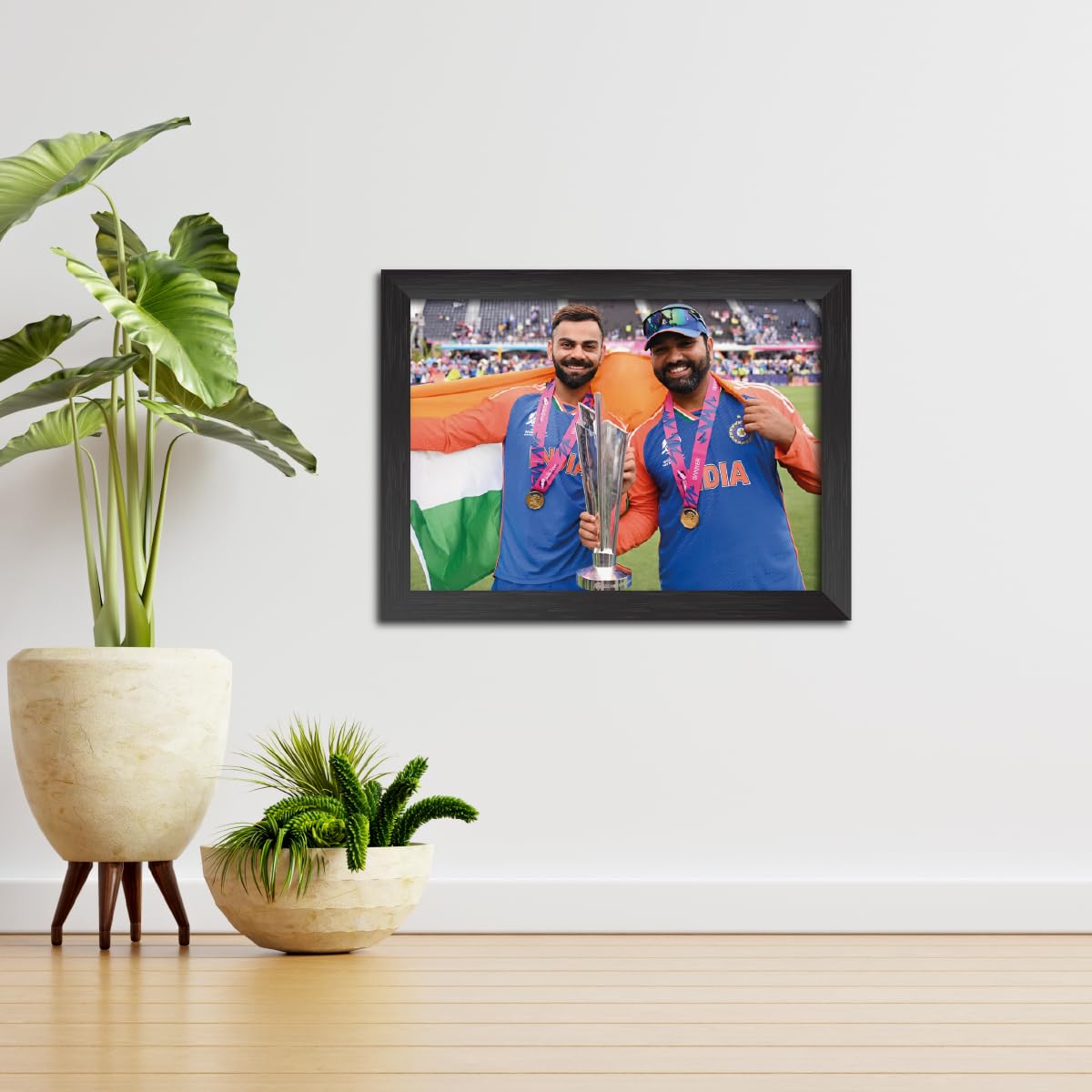 TenorArts Rohit Sharma Virat Kohli Worldcup Poster Indian Cricket Photo Framed Painting with Matt Finish Black Textures (12 inch