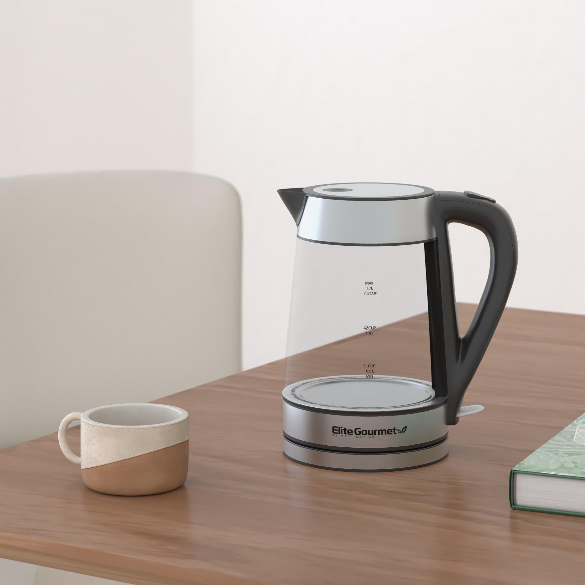 Elite Gourmet Electric Glass Kettle, 1.8 Qt, BPA-Free, Cordless with 360° Base, Stylish Blue LED, Model EKT-602