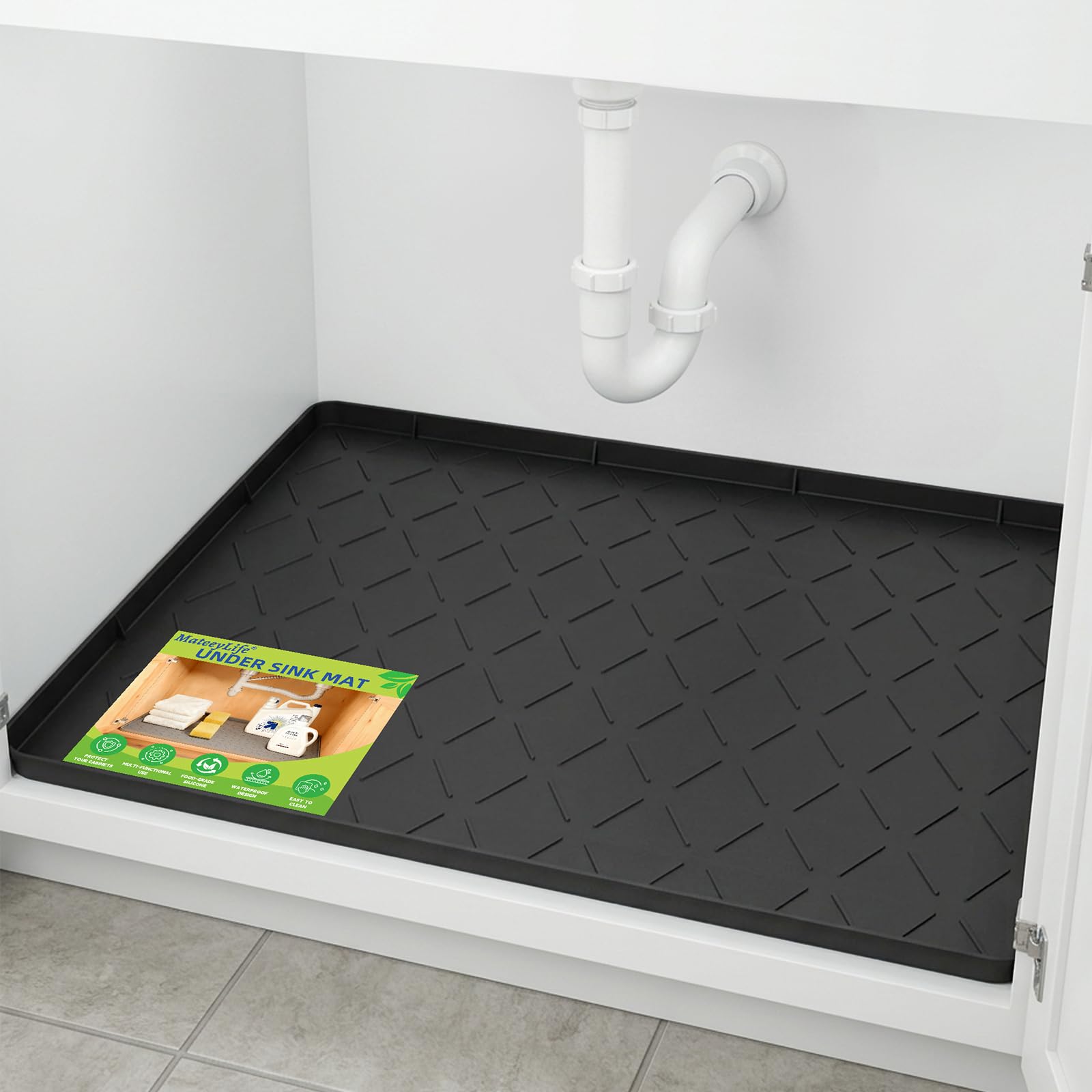 Mateeylife Under Sink Mat Kitchen Waterproof, Silicone Sink Tray 22X34