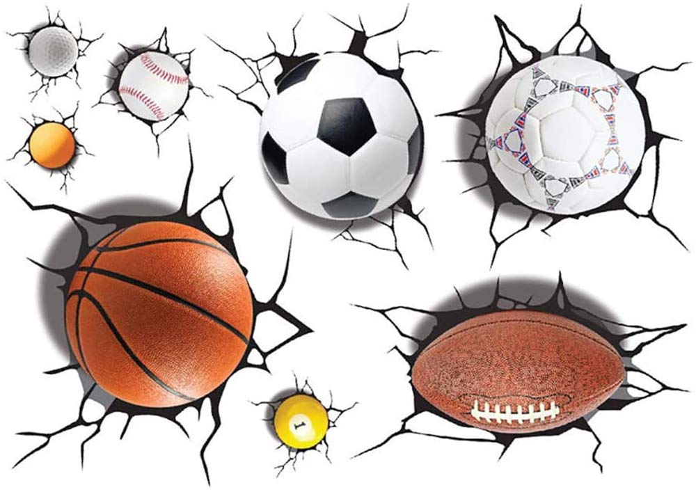Supzone Sport Balls Wall Decals 3D Wall Stickers Break Through The Wall Removable Vinyl Diy Basketball Rugby Baseball Football W