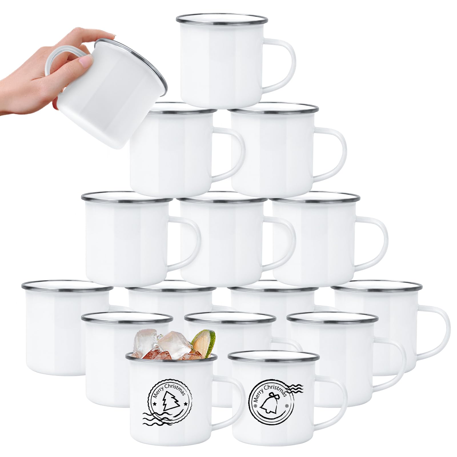 YOUKE OLA 16 Pack Sublimation Blanks Enamel Mug Camping Outdoor Coffee Travel Metal Mug with Silver Rim for Heat Transfer DIY Gi