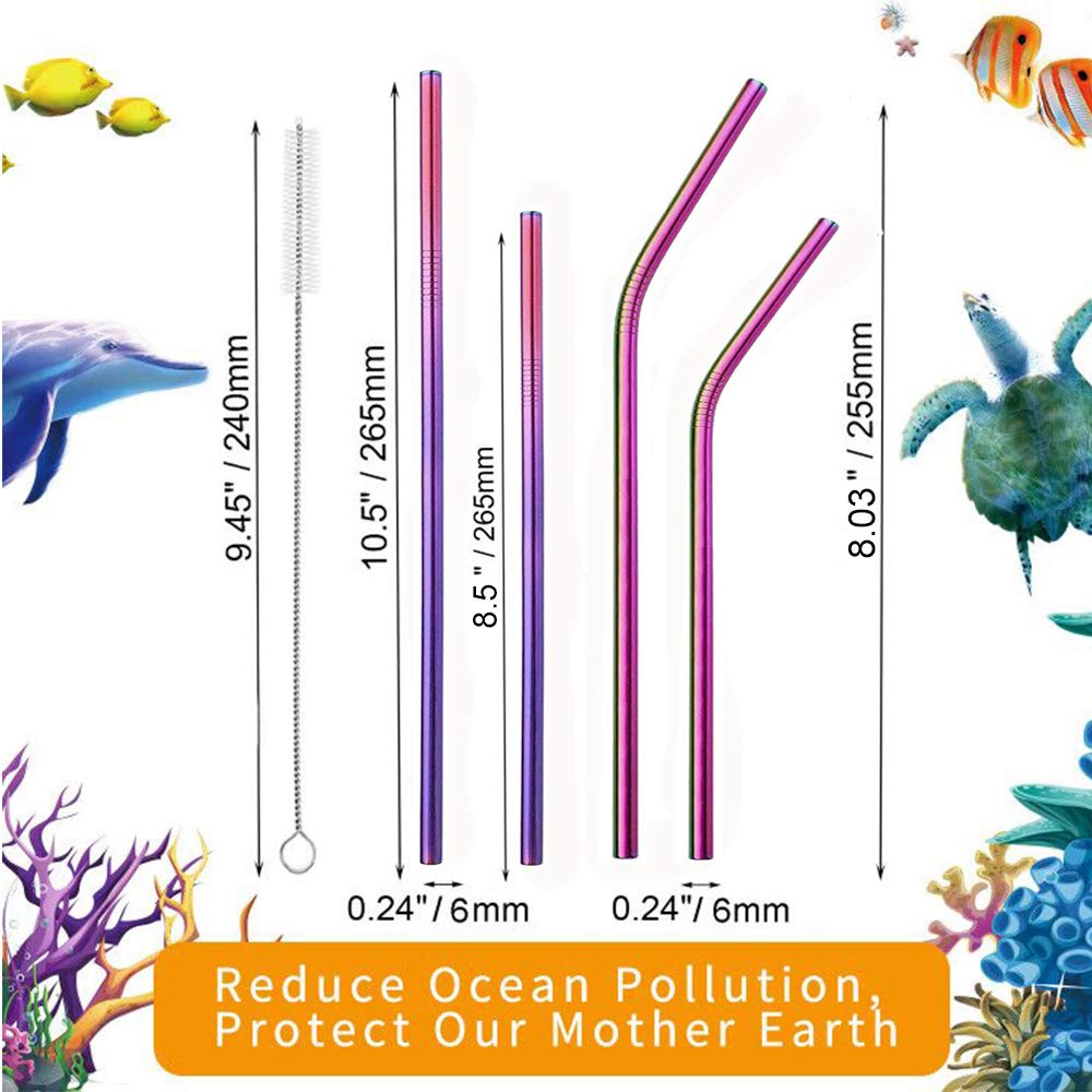 Vehhe Reusable Straws 8 Set Multi Color Stainless Steel Straws - Cleaning Brush For 20 Oz (Rainbow 8.5 Inch + 10.5 Inch)