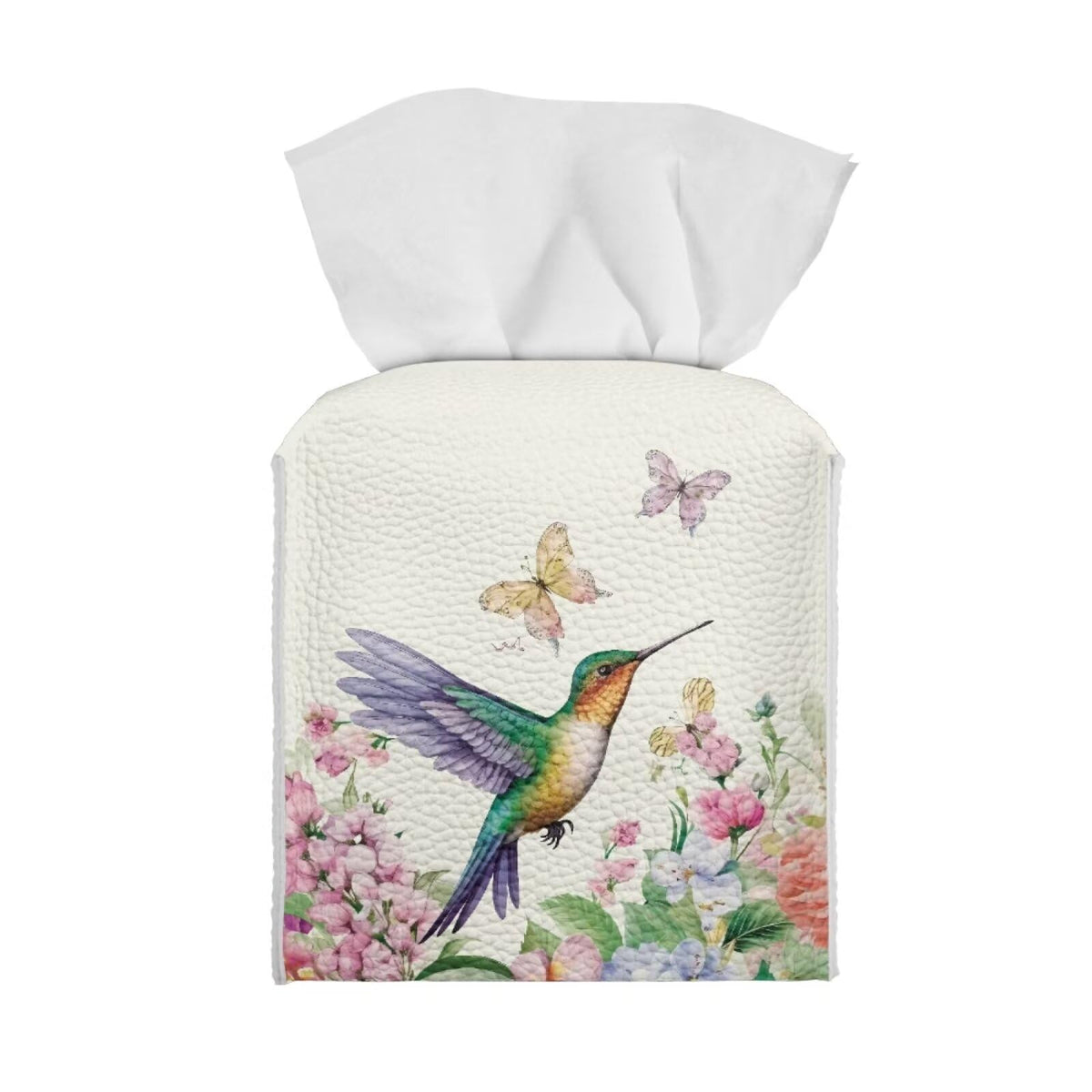 Tutolipy Hummingbird Butterfly Floral Leather Tissue Box Cover Square - Tissue Holder With Bottom Belt Aesthetic Pu Leather Tiss