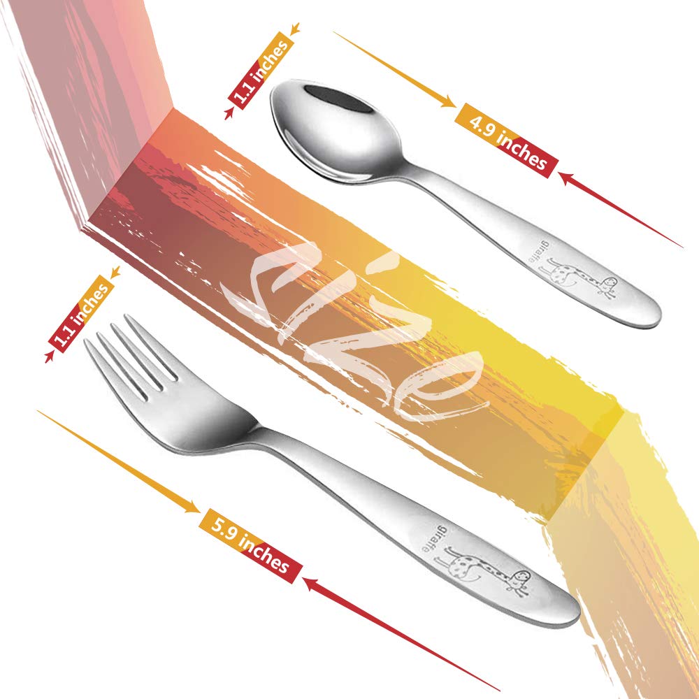 FUNNUO 4 Piece Toddler Utensils, Stainless Steel Toddler Forks and Spoons, Safe Kid Silverware Set for Self Feeding, Children Fl